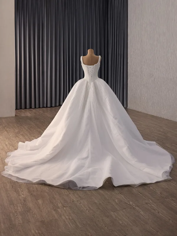 Vintage / Retro High-end White Handmade  Pearl Wedding Dresses 2026 Ball Gown U-Neck Sleeveless Backless Chapel Train