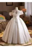 Elegant White Pearl Flower Satin Wedding Flower Girl Dresses 2026 Ball Gown Off-The-Shoulder Short Sleeve Floor-Length / Long