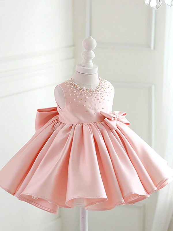 Lovely Candy Pink Pearl Short Bow Flower Girl Dresses 2023 Ball Gown Birthday Scoop Neck Long Sleeve