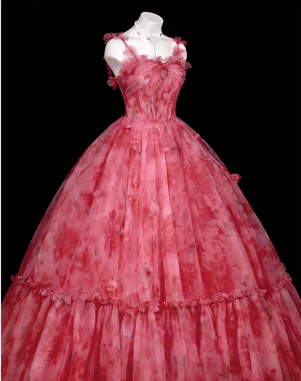 Fancy Candy Pink Floral Appliques Prom Dresses 2025 Ball Gown Spaghetti Straps Sleeveless Backless Floor-Length / Long Prom Formal Dresses