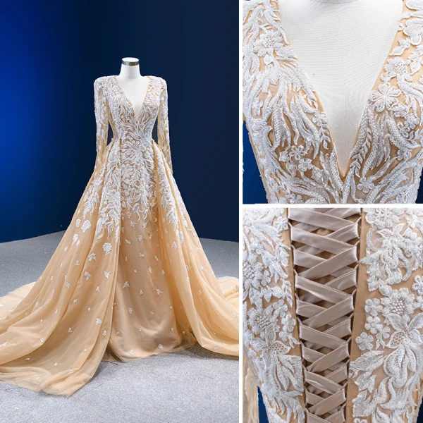 Luxury / Gorgeous Champagne Beading Sequins Lace Flower Evening Dresses 2023 Trumpet / Mermaid Deep V-Neck Long Sleeve Backless Court Train Evening Party Formal Dresses