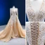 Luxury / Gorgeous Champagne Beading Sequins Lace Flower Evening Dresses 2023 Trumpet / Mermaid Deep V-Neck Long Sleeve Backless Court Train Evening Party Formal Dresses