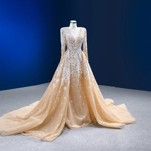 Luxury / Gorgeous Champagne Beading Sequins Lace Flower Evening Dresses 2023 Trumpet / Mermaid Deep V-Neck Long Sleeve Backless Court Train Evening Party Formal Dresses