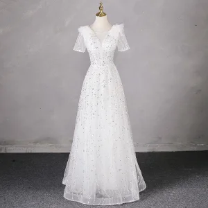 Chic Belle Blanche Paillettes Robe De Bal 2024 Princesse Encolure Dégagée Manches Courtes Dos Nu Longue Promo Robe De Ceremonie
