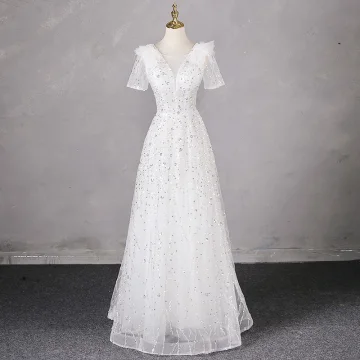 Chic Beautiful White Sequins Prom Dresses 2024 A Line Princess Scoop Neck Short Sleeve Backless Floor Length Long Prom Formal Dresses