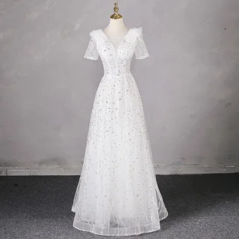 Chic Beautiful White Sequins Prom Dresses 2024 A Line Princess Scoop Neck Short Sleeve Backless Floor Length Long Prom Formal Dresses