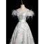 Fashion Sky Blue Printing Prom Dresses 2023 A-Line / Princess Off-The-Shoulder Tassel Short Sleeve Backless Floor-Length / Long Prom Formal Dresses