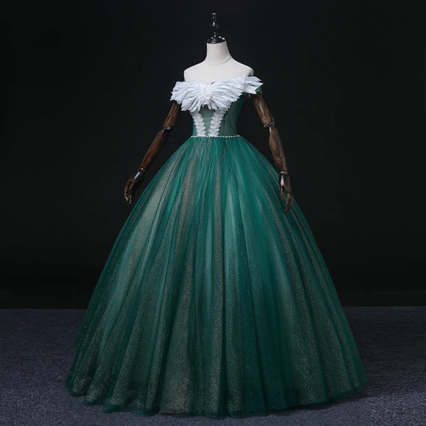 Elegant Dark Green Pearl Sequins Prom Dresses 2022 Ball Gown Off-The-Shoulder Short Sleeve Backless Floor-Length / Long Prom Formal Dresses