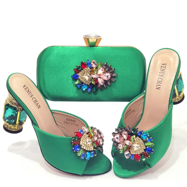 Chic / Beautiful Rhinestone Satin Purple Prom Womens Sandals Clutch Bags 2023 9 cm Open / Peep Toe Crystal Thick Heels Sandals High Heels Clutch Bags