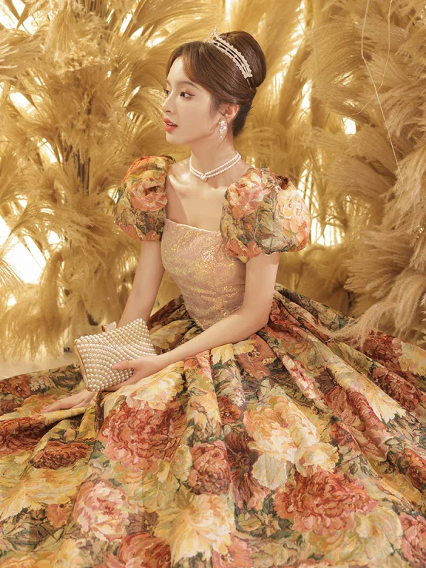 Vintage / Retro Fancy Gold Printing Prom Dresses 2023 A-Line / Princess Square Neckline Puffy Short Sleeve Backless Floor-Length / Long Prom Formal Dresses