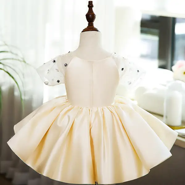 Elegant Champagne Pearl Sequins Short Birthday Flower Girl Dresses 2022 Ball Gown Scoop Neck Short Sleeve Flower Girl Dresses