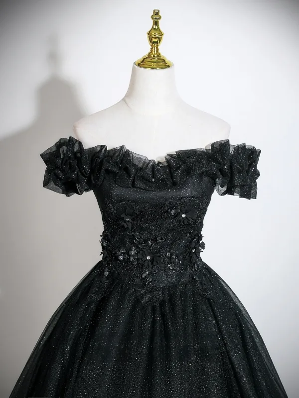 Elegant Black Appliques Glitter Prom Dresses 2026 Ball Gown Off-The-Shoulder Short Sleeve Backless Floor-Length / Long Formal Dresses