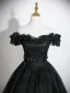 Elegant Black Appliques Glitter Prom Dresses 2026 Ball Gown Off-The-Shoulder Short Sleeve Backless Floor-Length / Long Formal Dresses
