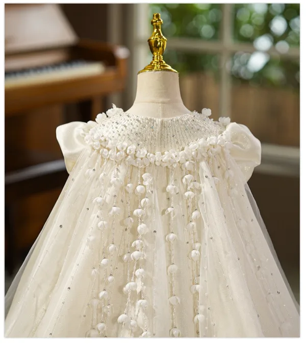 Elegant Ivory Appliques Glitter Rhinestone Birthday Flower Girl Dresses 2025 With Cloak Ball Gown Scoop Neck Puffy Short Sleeve Sweep Train