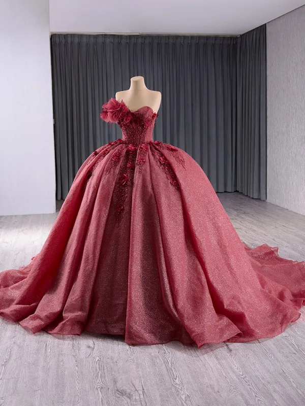 High-end Burgundy Appliques Pearl Sequins Prom Dresses 2024 Ball Gown Strapless Sleeveless Backless Chapel Train Tulle Prom Formal Dresses