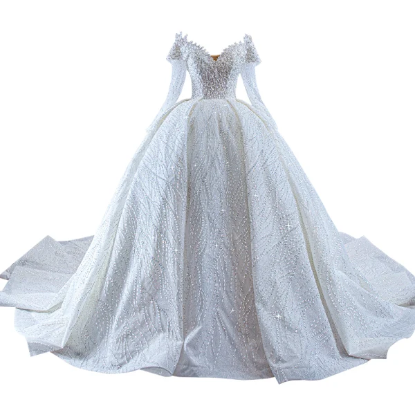 Luxury / Gorgeous White Beading Sequins Wedding Dresses 2022 Ball Gown Off-The-Shoulder Long Sleeve Backless Royal Train Wedding