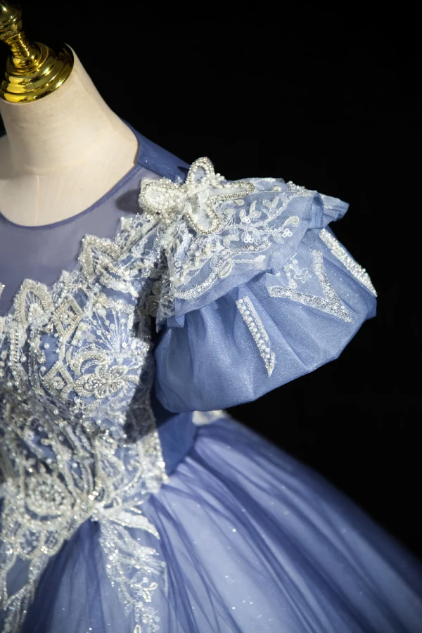 Elegant Sky Blue Beading Lace Flower Prom Dresses 2023 Ball Gown Scoop Neck Puffy Short Sleeve Backless Floor-Length / Long Prom Formal Dresses