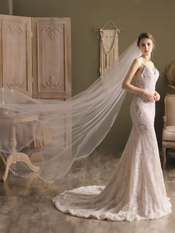 Simple Blanche Fait main En Dentelle Feuille Voile De Mariée 2025 2 m Train De Balayage Tulle