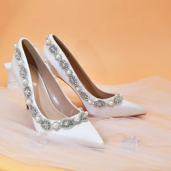 Elegante Weiß Perle Strass Brautschuhe 2022 Satin 10 cm Stilettos Spitzschuh Hochzeit Pumps Hochhackige