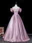 Elegante Rosa Satin Ballkleider 2026 Ballkleid Off Shoulder Kurze Ärmel Rückenfreies Lange Festliche Kleider