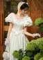 Vintage / Retro Ivory Appliques Satin Wedding Dresses 2024 A-Line / Princess Scoop Neck Puffy Short Sleeve Backless Sweep Train Wedding
