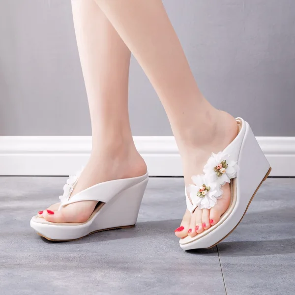 Chic / Beautiful White Appliques Outdoor / Garden Prom Womens Sandals 2022 10 cm Wedges Open / Peep Toe Sandals