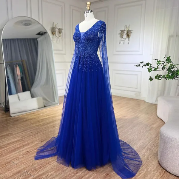 High-end Royal Blue Handmade  Beading Prom Dresses 2024 A-Line / Princess V-Neck Sleeveless Backless Floor-Length / Long Prom Formal Dresses