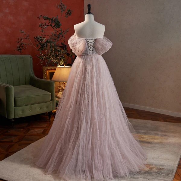 Charmant Dunkel Rosa Perlenstickerei Pailletten Abendkleider Ballkleider 2023 A Linie Off Shoulder Kurze Ärmel Rückenfreies Lange Festliche Kleider