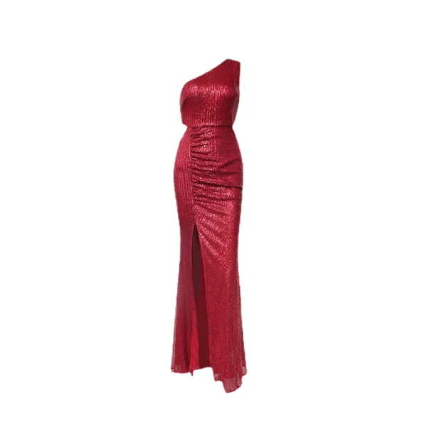 Sexy Blanche Paillettes Robe De Soirée 2022 Trompette / Sirène Une épaule Sans Manches Dos Nu Fendue devant Longue Soirée Robe De Ceremonie