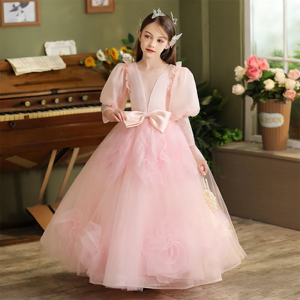 Lovely Blushing Pink Appliques Bow Prom Flower Girl Dresses 2024 Ball Gown Scoop Neck 3/4 Sleeve Floor-Length / Long