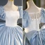 Elegant Sky Blue Satin Prom Dresses 2023 Ball Gown Square Neckline Puffy Short Sleeve Backless Bow Floor-Length / Long Prom Formal Dresses