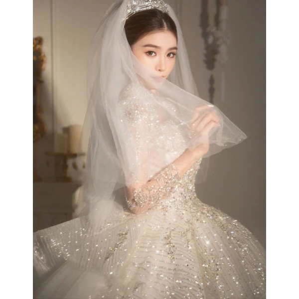 Charming White Beading Glitter Sequins Wedding Dresses 2023 Ball Gown High Neck Long Sleeve Backless Floor-Length / Long Wedding