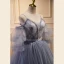 Classy Grey Lace Flower Prom Dresses 2023 Ball Gown Spaghetti Straps Short Sleeve Backless Sweep Train Prom Formal Dresses