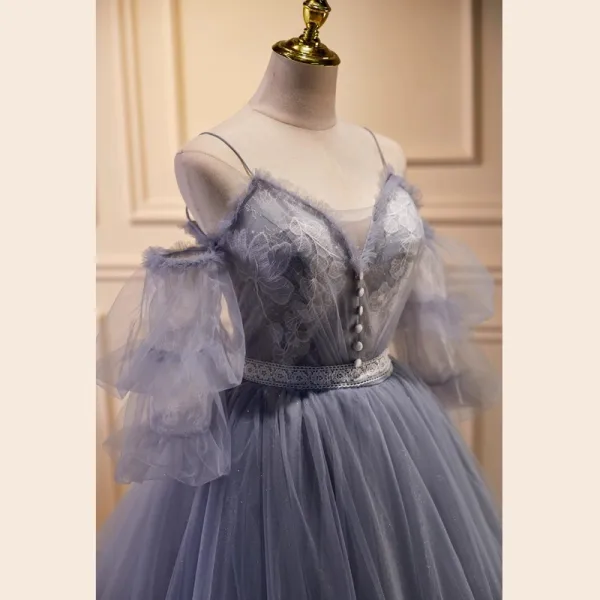 Chic / Beautiful Grey Lace Flower Prom Dresses 2023 A-Line / Princess Spaghetti Straps Puffy Short Sleeve Backless Floor-Length / Long Prom Formal Dresses