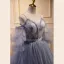Chic / Beautiful Grey Lace Flower Prom Dresses 2023 A-Line / Princess Spaghetti Straps Puffy Short Sleeve Backless Floor-Length / Long Prom Formal Dresses