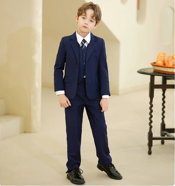 Bleu Marine Manches Longues 5 pièces Mariage Costume Garçon Mariage 2024 Manteau Pantalon Chemise Cravate Gilet