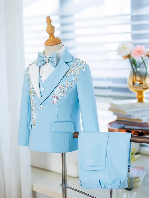 Fashion Sky Blue Rhinestone Long Sleeve 5-piece Boys Wedding Suits 2024 Coat Pants Shirt Tie Vest