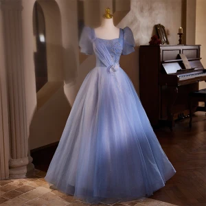 Chic Beautiful Sky Blue Beading Pearl Appliques Prom Dresses 2024 Ball Gown Scoop Neck Puffy Short Sleeve Backless Floor Length Long Prom Formal Dresses