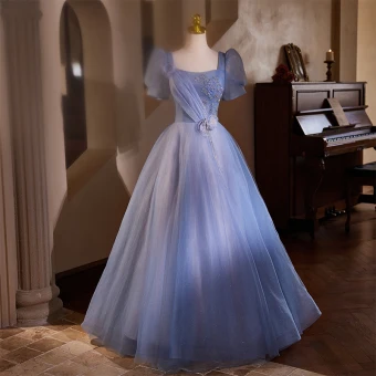 Chic Beautiful Sky Blue Beading Pearl Appliques Prom Dresses 2024 Ball Gown Scoop Neck Puffy Short Sleeve Backless Floor Length Long Prom Formal Dresses