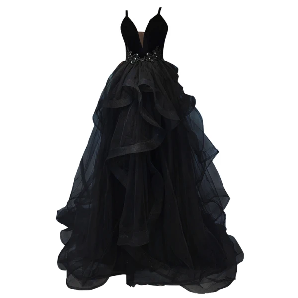 Fashion Black Rhinestone Lace Flower Prom Dresses A-Line / Princess 2022 Spaghetti Straps Cascading Ruffles Sleeveless Backless Floor-Length / Long Formal Dresses