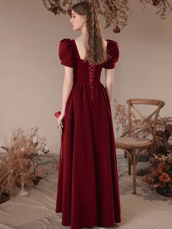 Elegant Burgundy Velvet Prom Dresses 2023 A-Line / Princess Rhinestone Square Neckline Short Sleeve Backless Floor-Length / Long Prom Formal Dresses