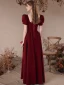 Elegant Burgundy Velvet Prom Dresses 2023 A-Line / Princess Rhinestone Square Neckline Short Sleeve Backless Floor-Length / Long Prom Formal Dresses