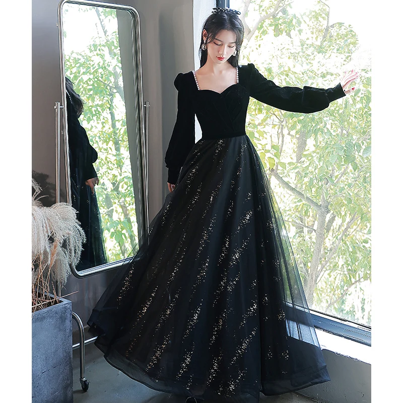 sachin and babi light blue dress Elegant Black Sequins Prom Dresses 2022 A-Line Princess Pearl Square Neckline Long Long