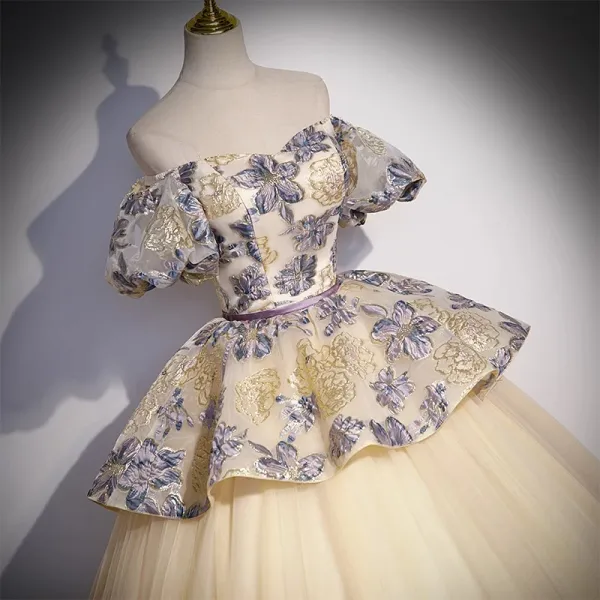 Elegant Champagne Cascading Ruffles Printing Prom Dresses 2023 Ball Gown Off-The-Shoulder Puffy Short Sleeve Backless Floor-Length / Long Prom Formal Dresses