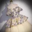 Elegant Champagne Cascading Ruffles Printing Prom Dresses 2023 Ball Gown Off-The-Shoulder Puffy Short Sleeve Backless Floor-Length / Long Prom Formal Dresses