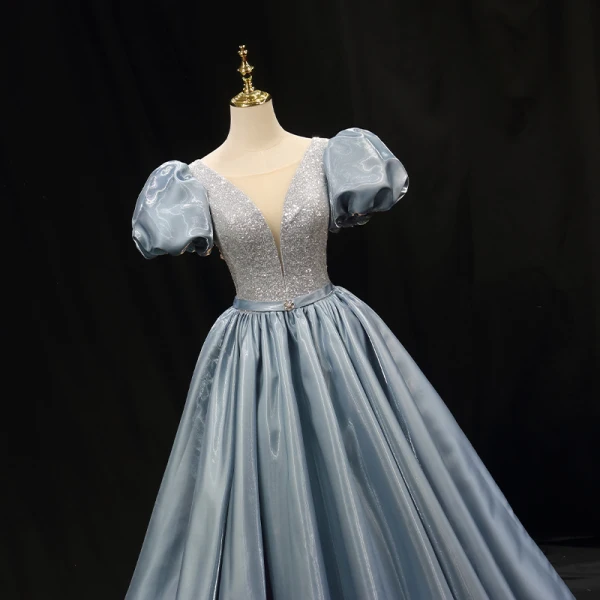 Chic / Beautiful Sky Blue Sequins Prom Dresses 2023 Ball Gown Satin Scoop Neck Puffy Short Sleeve Backless Rhinestone Sash Floor-Length / Long Prom Formal Dresses