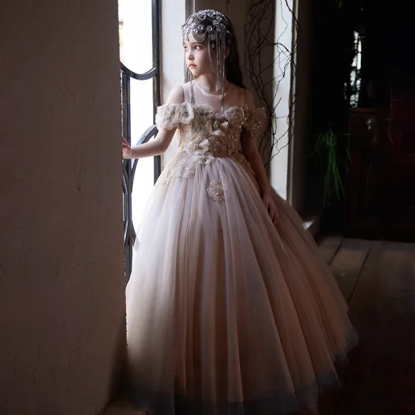 Élégant Rougissant Rose Perlage Appliques Anniversaire Robe Ceremonie Fille 2025 Robe Boule Encolure Dégagée Manches Courtes Dos Nu Noeud Longue
