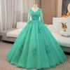 Elegant Mint Green Beading Sequins Pearl Lace Flower Appliques Prom Dresses 2024 Ball Gown V-Neck 3/4 Sleeve Backless Floor-Length / Long Prom