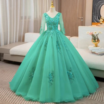 Elegant Mint Green Beading Sequins Pearl Lace Flower Appliques Prom Dresses 2024 Ball Gown V Neck 3 4 Sleeve Backless Floor Length Long Prom