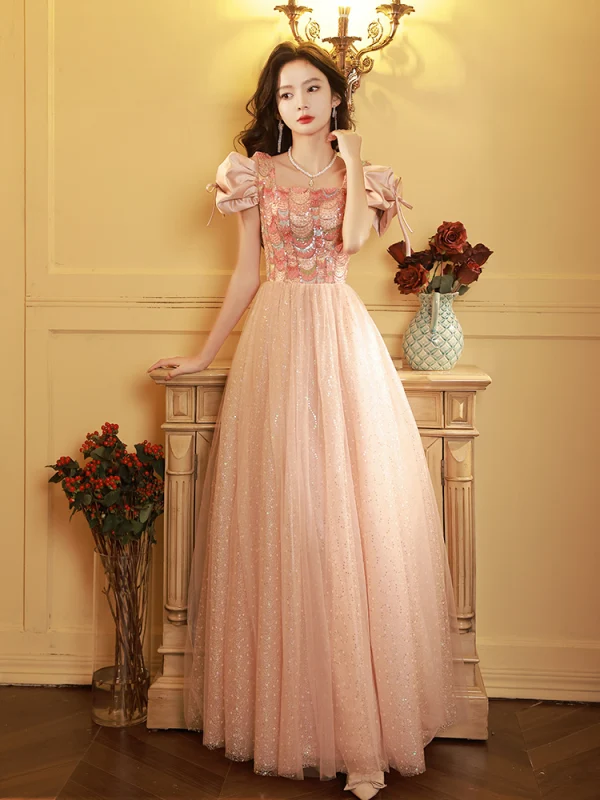 Fashion Pearl Pink Sequins Evening Dresses A-Line / Princess 2023 Square Neckline Bow Short Sleeve Backless Floor-Length / Long Evening Party Formal Dresses